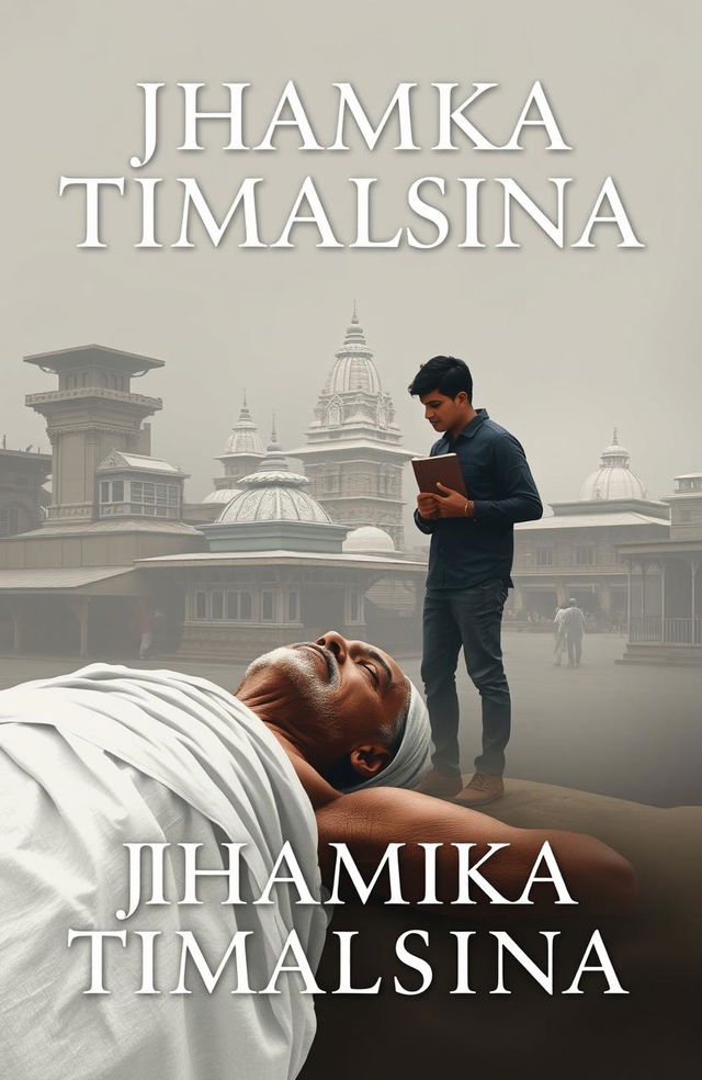 A poignant book cover design for a novel titled 'JHAMKA TIMALSINA' depicting a somber scene in the Pashupatinath area, showcasing an old man's death