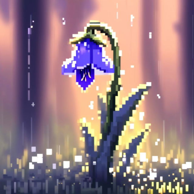 Pixel art PFP featuring a striking bluebell against a morning dew background.