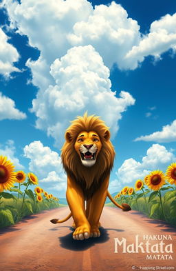 A realistic depiction of a lion embodying the spirit of 'Hakuna Matata', with a carefree expression