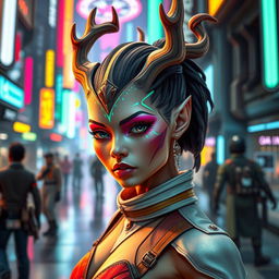 A stunning Balosar female character from the Star Wars universe, featuring unique organic antennae protruding elegantly from her head