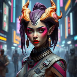 A stunning Balosar female character from the Star Wars universe, featuring unique organic antennae protruding elegantly from her head