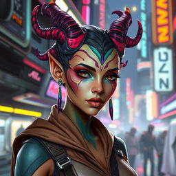 A stunning Balosar female character from the Star Wars universe, featuring unique organic antennae protruding elegantly from her head