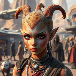An enchanting Balosar female character from the Star Wars universe, adorned with unique organic skin antennae gracefully extending from her head