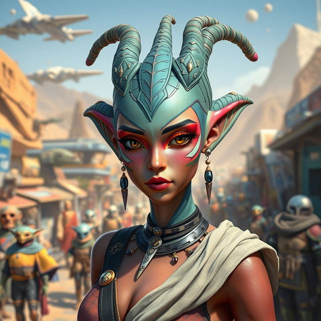 An enchanting Balosar female character from the Star Wars universe, adorned with unique organic skin antennae gracefully extending from her head