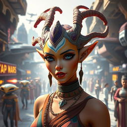 An enchanting Balosar female character from the Star Wars universe, adorned with unique organic skin antennae gracefully extending from her head