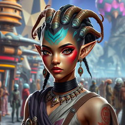 An enchanting Balosar female character from the Star Wars universe, adorned with unique organic skin antennae gracefully extending from her head
