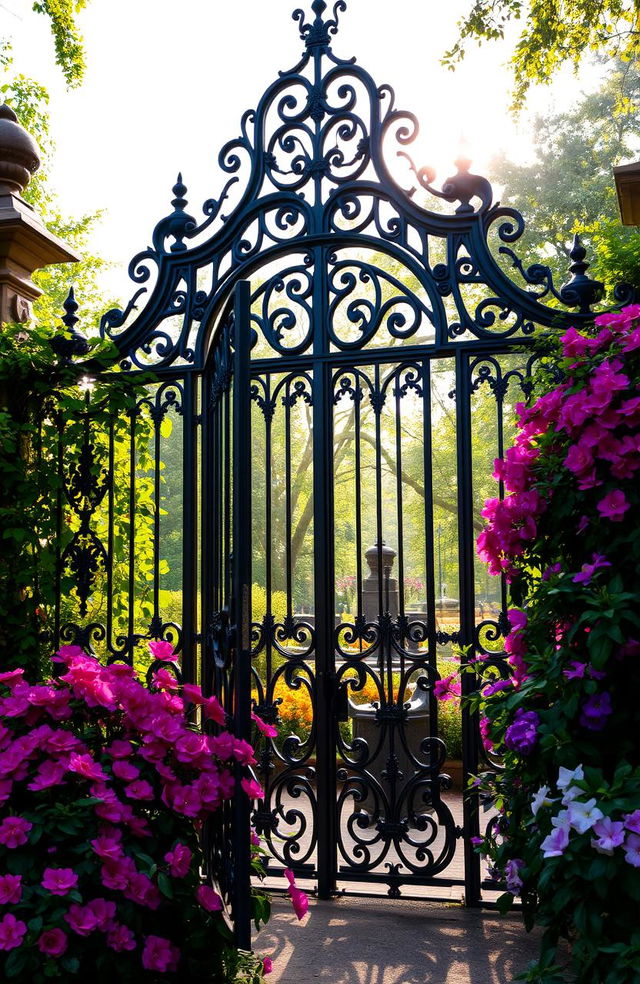 An elaborate Victorian style gate, intricately designed with ornate metalwork, surrounded by lush greenery and vibrant flowers in full bloom