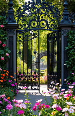 An elaborate Victorian style gate, intricately designed with ornate metalwork, surrounded by lush greenery and vibrant flowers in full bloom