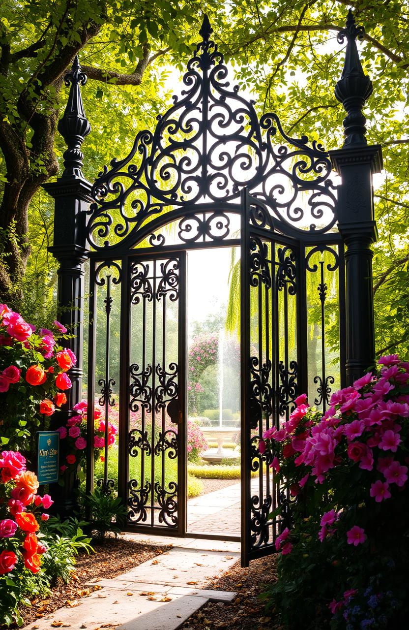 An elaborate Victorian style gate, intricately designed with ornate metalwork, surrounded by lush greenery and vibrant flowers in full bloom