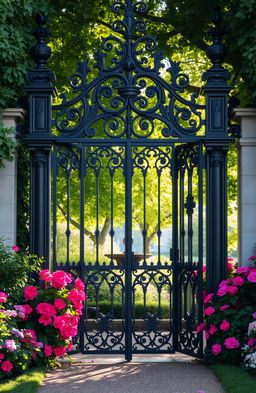 An elaborate Victorian style gate, intricately designed with ornate metalwork, surrounded by lush greenery and vibrant flowers in full bloom