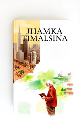 A book cover design featuring the contrast between an urban city and a tranquil village
