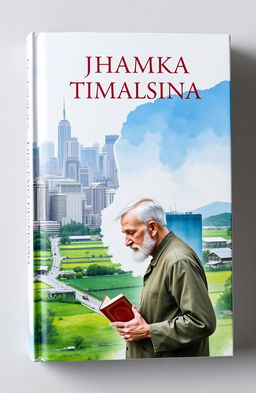 A book cover design featuring the contrast between an urban city and a tranquil village