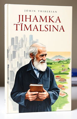 A book cover design featuring the contrast between an urban city and a tranquil village