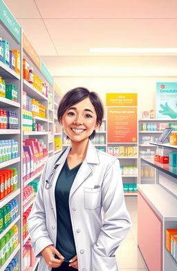 An engaging and vibrant illustration of a pharmacist standing confidently in front of a modern pharmacy display filled with colorful medicine packaging
