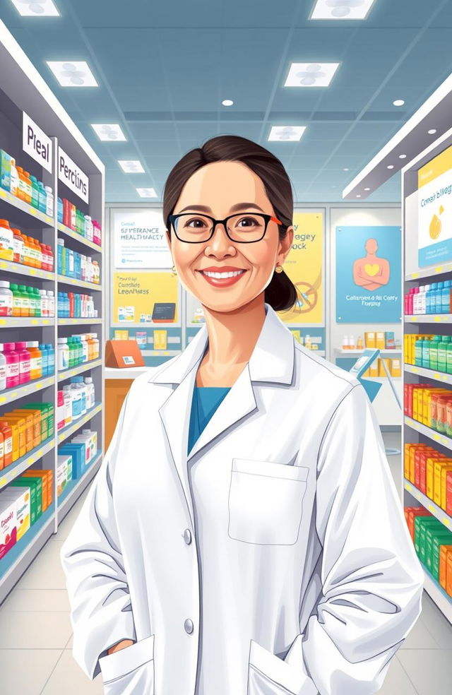 An engaging and vibrant illustration of a pharmacist standing confidently in front of a modern pharmacy display filled with colorful medicine packaging