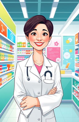 An engaging and vibrant illustration of a pharmacist standing confidently in front of a modern pharmacy display filled with colorful medicine packaging