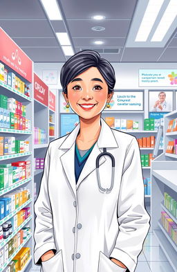 An engaging and vibrant illustration of a pharmacist standing confidently in front of a modern pharmacy display filled with colorful medicine packaging