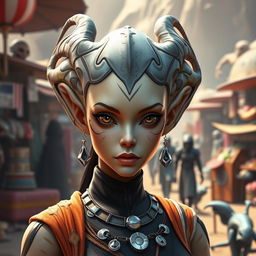 A striking Balosar female character from the Star Wars universe, featuring two prominent organic skin antennae gracefully extending from her head