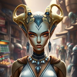A striking Balosar female character from the Star Wars universe, featuring two prominent organic skin antennae gracefully extending from her head