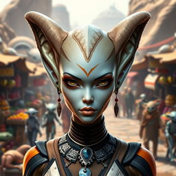 A striking Balosar female character from the Star Wars universe, featuring two prominent organic skin antennae gracefully extending from her head