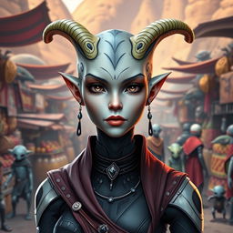 A striking Balosar female character from the Star Wars universe, featuring two prominent organic skin antennae gracefully extending from her head