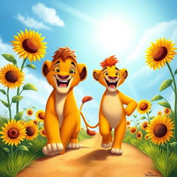 A realistic depiction of lion characters based on 'The Lion King', featuring Simba and Timon, happily walking along a sunlit road surrounded by vibrant sunflowers