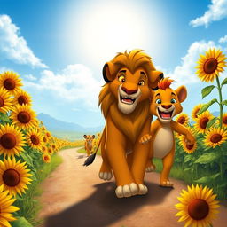 A realistic depiction of lion characters based on 'The Lion King', featuring Simba and Timon, happily walking along a sunlit road surrounded by vibrant sunflowers