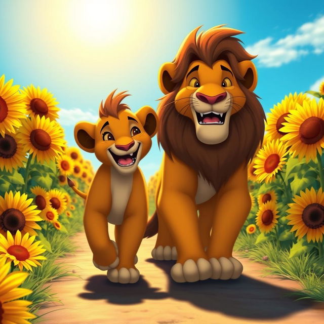 A realistic depiction of lion characters based on 'The Lion King', featuring Simba and Timon, happily walking along a sunlit road surrounded by vibrant sunflowers