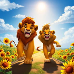 A realistic depiction of lion characters based on 'The Lion King', featuring Simba and Timon, happily walking along a sunlit road surrounded by vibrant sunflowers