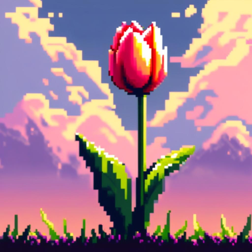 Pixel art PFP featuring a vibrant tulip against a spring morning background.