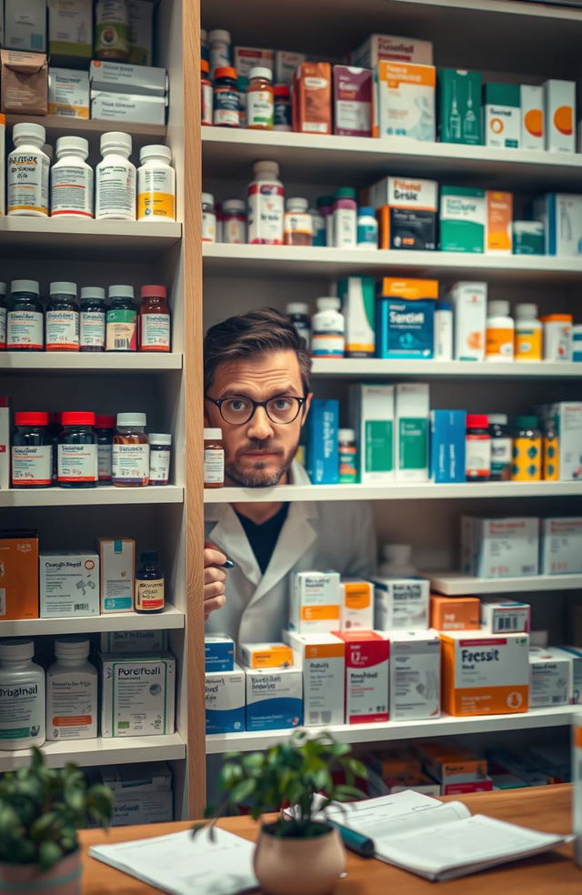 A scene featuring a pharmacist, hidden behind a tall shelf filled with various colorful medicine bottles and boxes