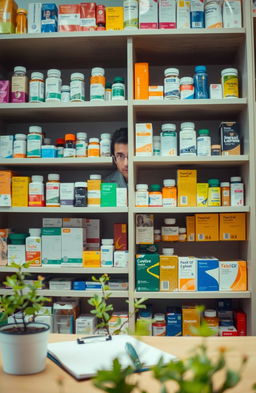 A scene featuring a pharmacist, hidden behind a tall shelf filled with various colorful medicine bottles and boxes