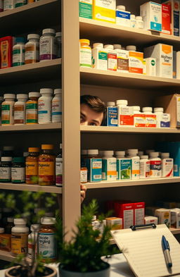 A scene featuring a pharmacist, hidden behind a tall shelf filled with various colorful medicine bottles and boxes