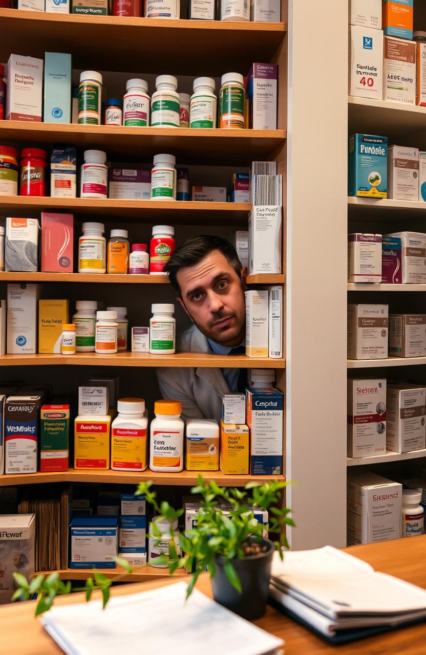 A scene featuring a pharmacist, hidden behind a tall shelf filled with various colorful medicine bottles and boxes