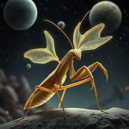 An enchanting Balosar Mantis with large, delicate skin antennae, set against a Star Wars-inspired backdrop