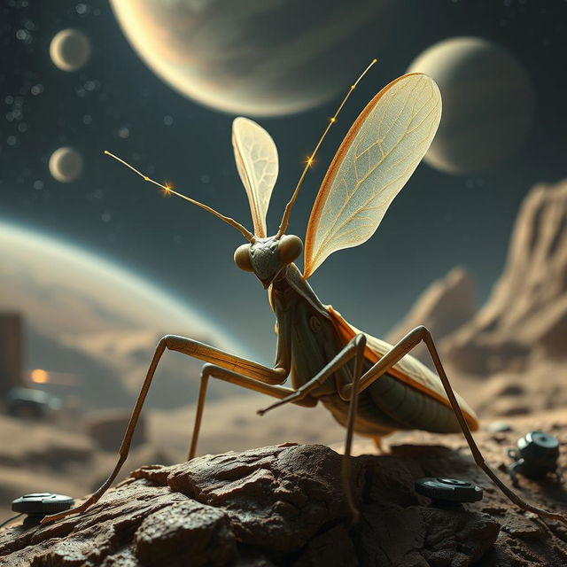 An enchanting Balosar Mantis with large, delicate skin antennae, set against a Star Wars-inspired backdrop