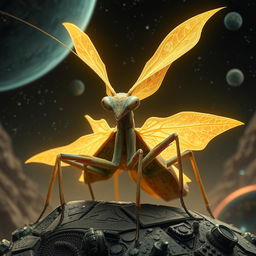 An enchanting Balosar Mantis with large, delicate skin antennae, set against a Star Wars-inspired backdrop