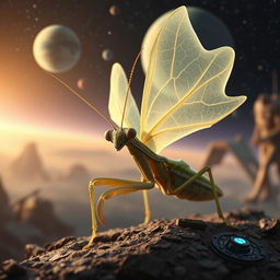 An enchanting Balosar Mantis with large, delicate skin antennae, set against a Star Wars-inspired backdrop