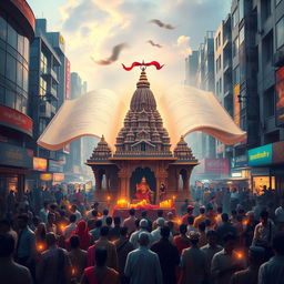 A visually stunning depiction of the Pashupati Temple, situated in a vibrant urban city, surrounded by lively streets and modern architecture