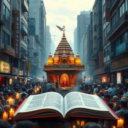 A visually stunning depiction of the Pashupati Temple, situated in a vibrant urban city, surrounded by lively streets and modern architecture