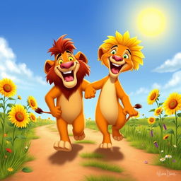Lion King characters Timon and Pumbaa joyfully walking on a sunlit road, surrounded by vibrant sunflowers swaying gently in the breeze