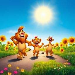 Lion King characters Timon and Pumbaa joyfully walking on a sunlit road, surrounded by vibrant sunflowers swaying gently in the breeze
