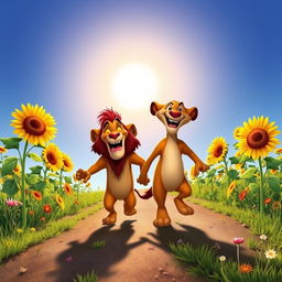 Lion King characters Timon and Pumbaa joyfully walking on a sunlit road, surrounded by vibrant sunflowers swaying gently in the breeze