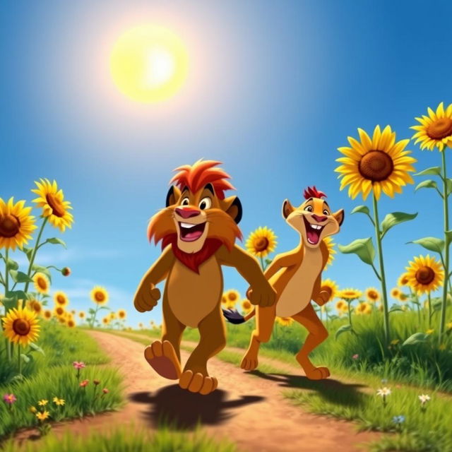 Lion King characters Timon and Pumbaa joyfully walking on a sunlit road, surrounded by vibrant sunflowers swaying gently in the breeze