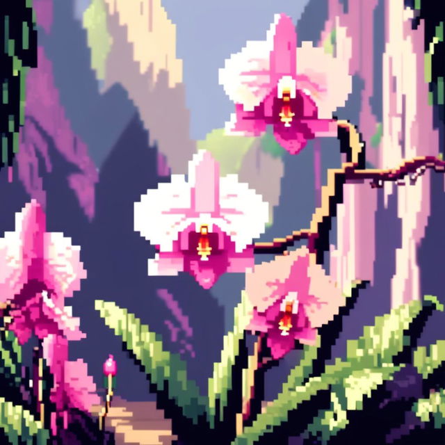 Pixel art PFP featuring a stunning orchid against a tropical rainforest background.