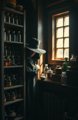 A mysterious apothecary hidden beside a tall, old-fashioned medicine shelf filled with various herbal remedies and potion bottles