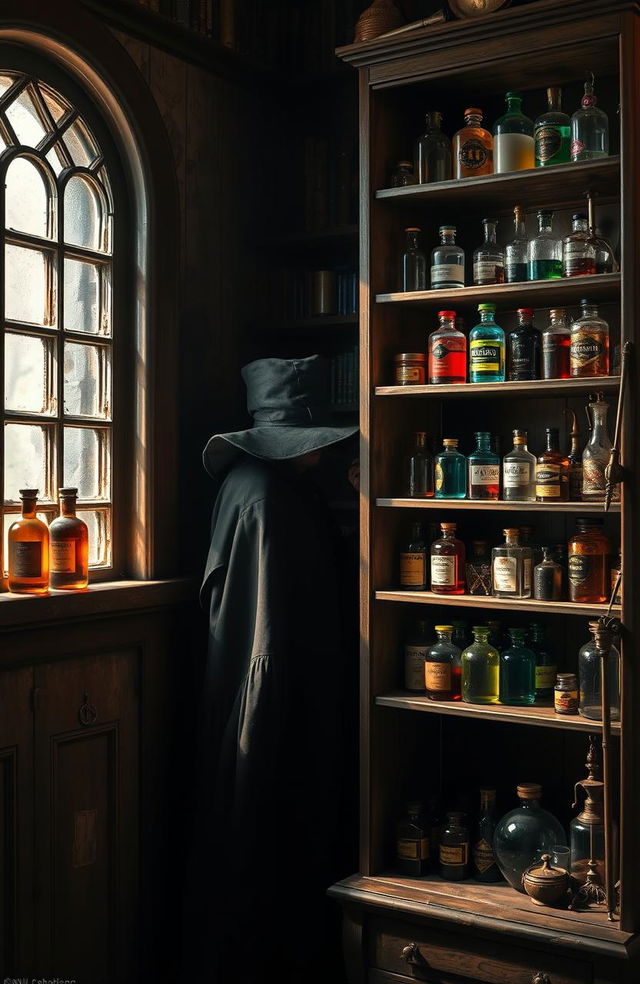 A mysterious apothecary hidden beside a tall, old-fashioned medicine shelf filled with various herbal remedies and potion bottles