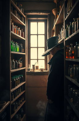 A mysterious apothecary hidden beside a tall, old-fashioned medicine shelf filled with various herbal remedies and potion bottles