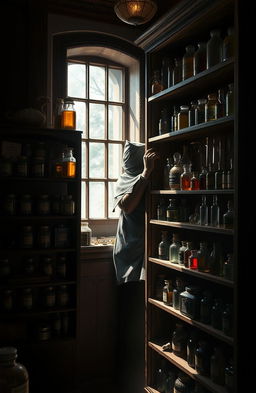 A mysterious apothecary hidden beside a tall, old-fashioned medicine shelf filled with various herbal remedies and potion bottles