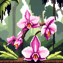 Pixel art PFP featuring a stunning orchid against a tropical rainforest background.